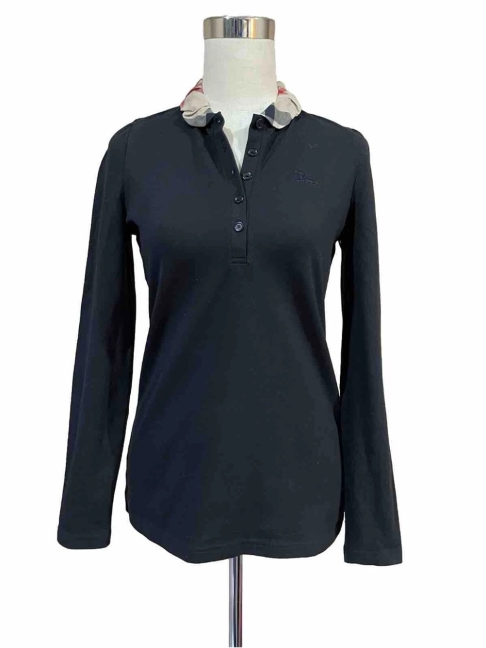 Burberry Britt Black Long Sleeve Polo with Check Collar Sz. Hi
